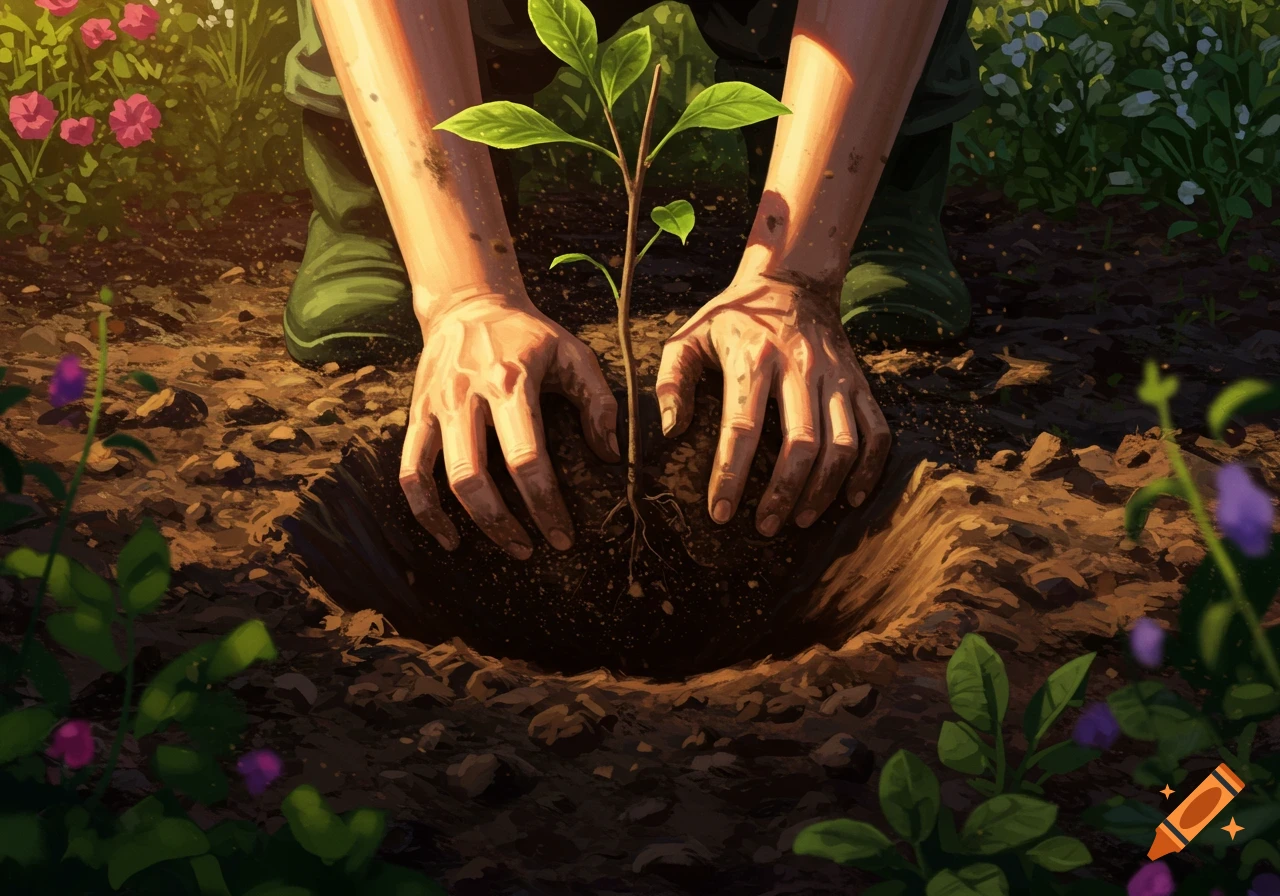 Close-up of hands planting a small green sapling in dark soil amidst a vibrant garden.