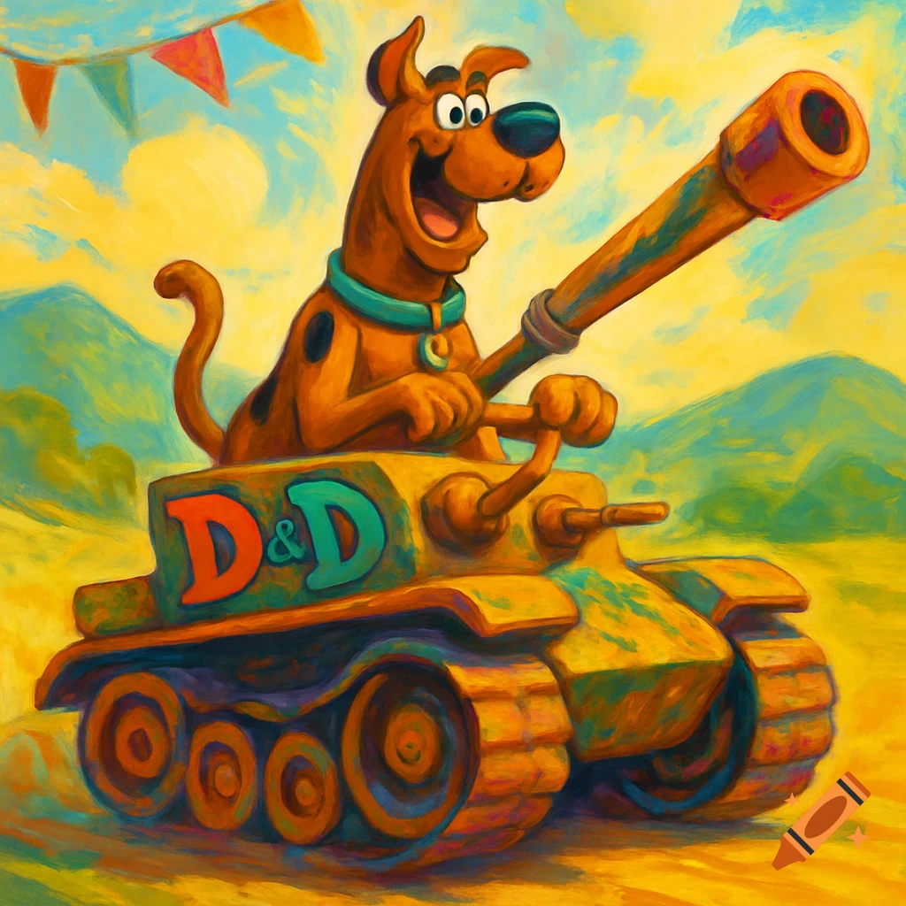 Scooby Doo driving a cartoon tank with 'D&D' written on the side, in a vibrant, painterly style.