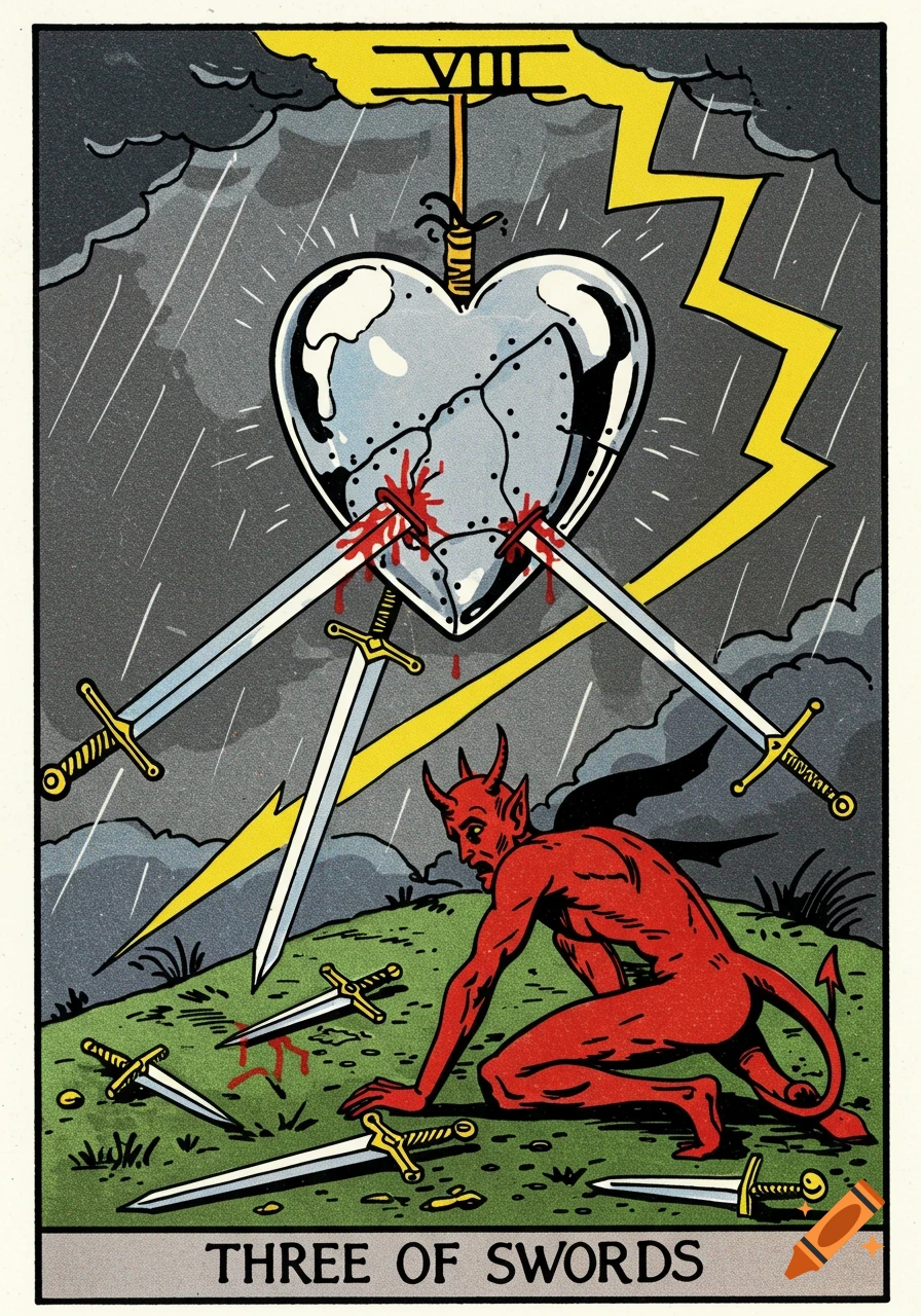 A colorful tarot card in 60s comic book style, depicting a metal heart pierced by three swords, with blood. A red devil kneels below, picking up swords on grassy ground, under a stormy sky with lightning and rain.
