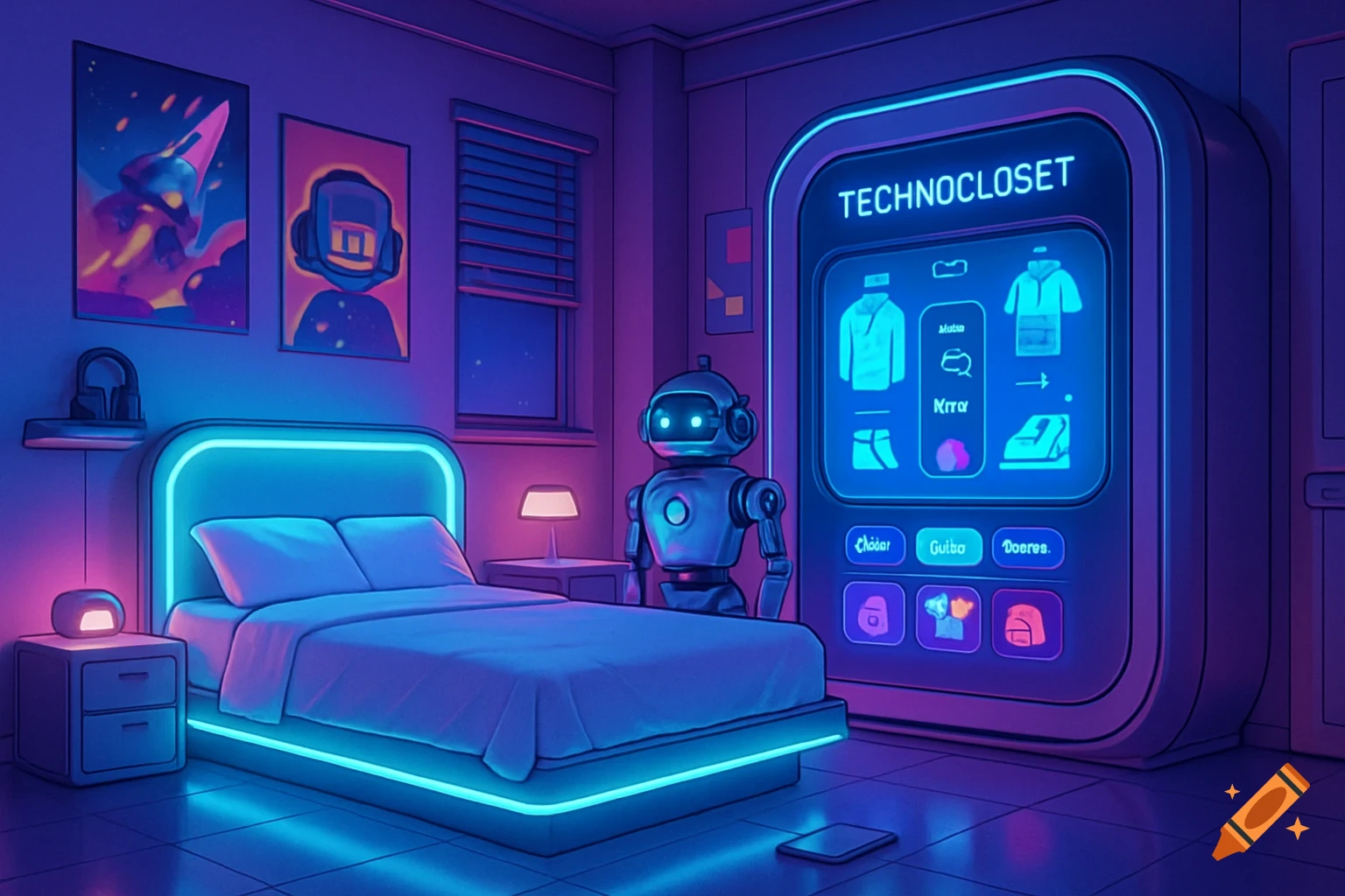 A vibrant, futuristic bedroom with purple and blue neon lighting. A glowing bed is on the left, and a robot stands beside a large "TECHNOCLOSET" screen displaying clothing items.