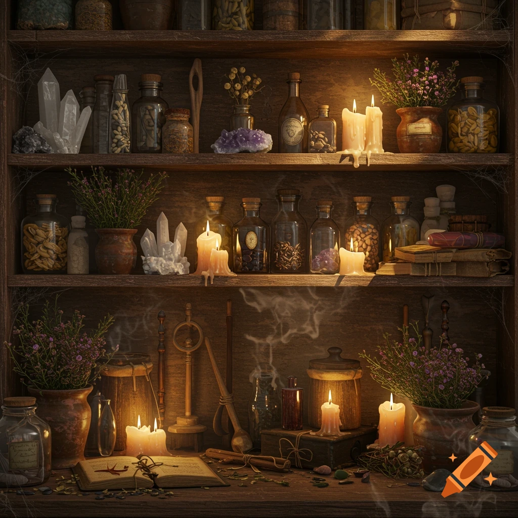 A detailed, atmospheric view of a magical apothecary shelf filled with bottles, herbs, crystals, and lit candles, in a photorealistic style.