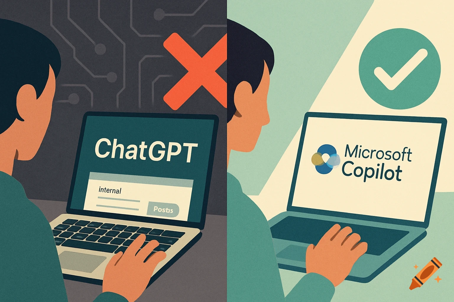 An illustration comparing ChatGPT and Microsoft Copilot, showing a red X over ChatGPT and a green checkmark over Microsoft Copilot.