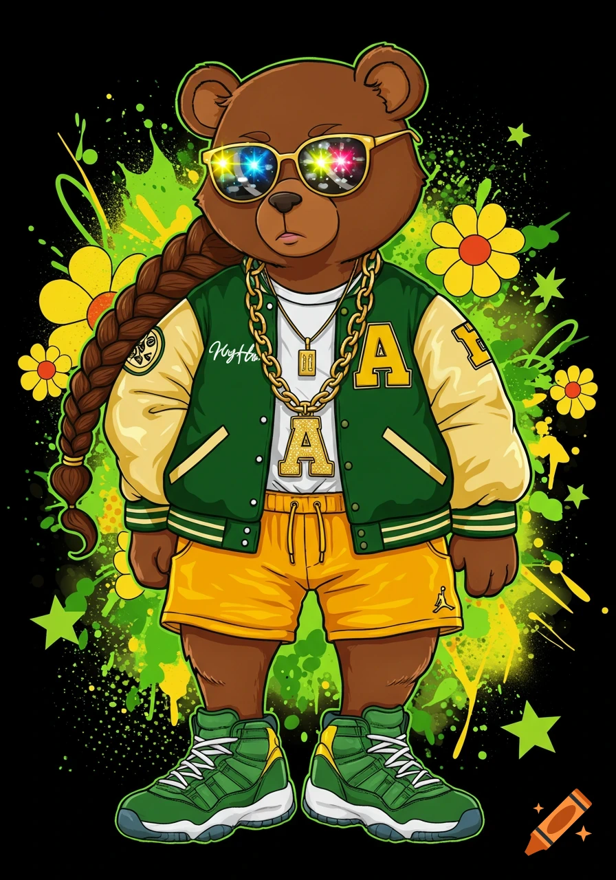 A cool cartoon female bear in sunglasses, a green and yellow varsity jacket, shorts, and green sneakers, with a long braid and a gold "A" necklace, against a vibrant pop-art background.