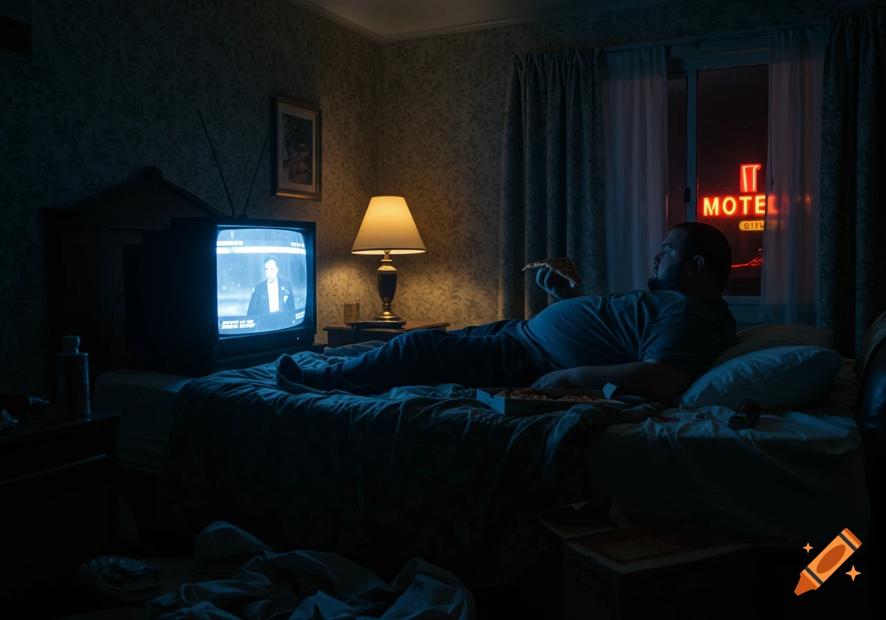 An overweight man lies on a bed in a dark motel room, eating pizza and watching TV, with a neon motel sign visible outside the window.