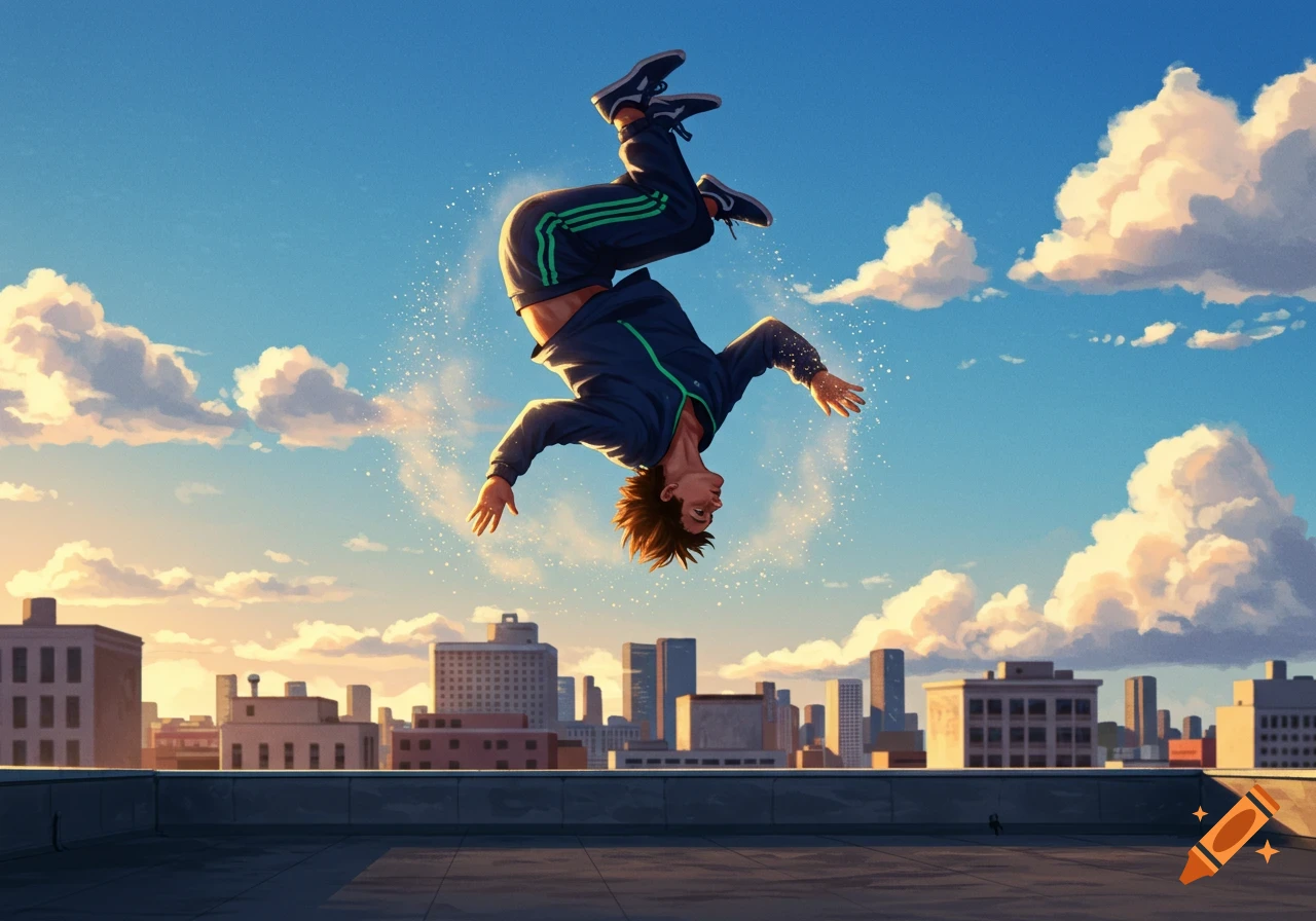 An illustration of a person in mid-air performing a backflip over a city skyline at sunset.
