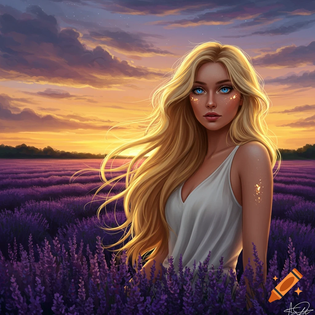 Stylized portrait of a woman with long blonde hair and blue eyes standing in a lavender field at sunset.