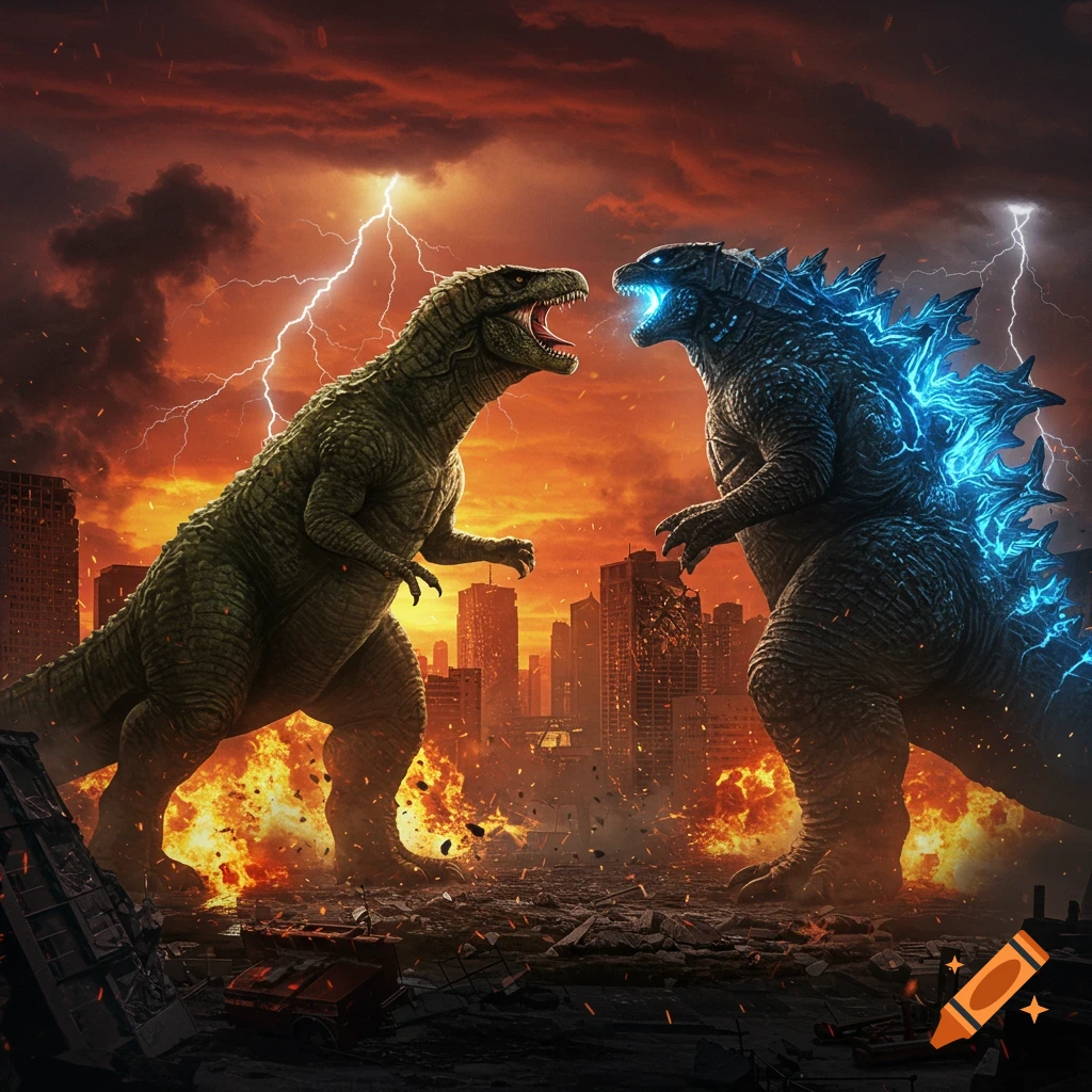 A giant green dinosaur-like monster roars at Godzilla, who glows blue, amidst a burning city with lightning striking in a dark sky.