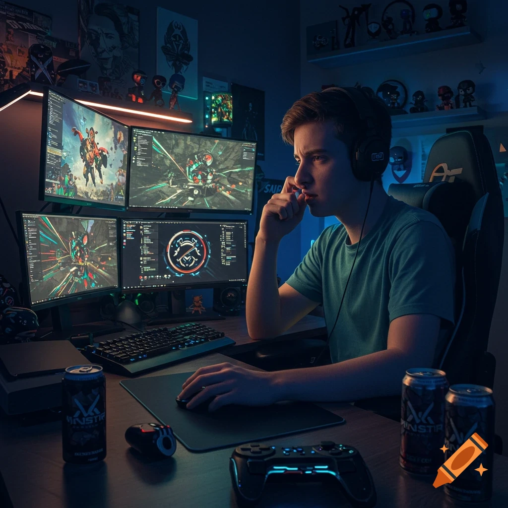 Photorealistic image of a young male gamer with headphones intently looking at multiple screens in a dimly lit, cozy room.