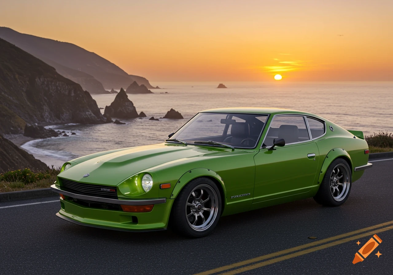 A photorealistic lime green Datsun 240Z sports car parked on a coastal road overlooking the ocean at sunset.