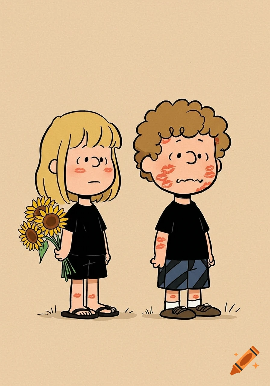 A cartoon boy covered in red kiss marks stands next to a girl hiding sunflowers behind her back, in Peanuts style.