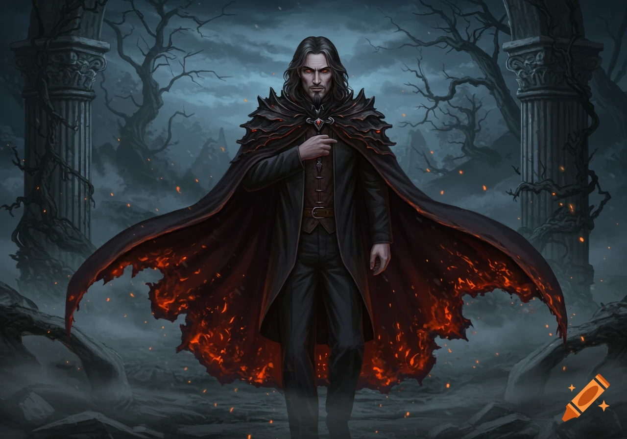 A distinguished man with long dark hair and a goatee, wearing a dark, gothic cape with a fiery, glowing lining, stands in a ruined, misty landscape.