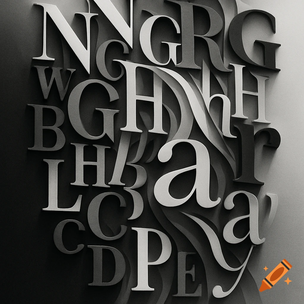 Overlapping black and white alphabet letters in various fonts and sizes create a deep, shadowy typographic composition.