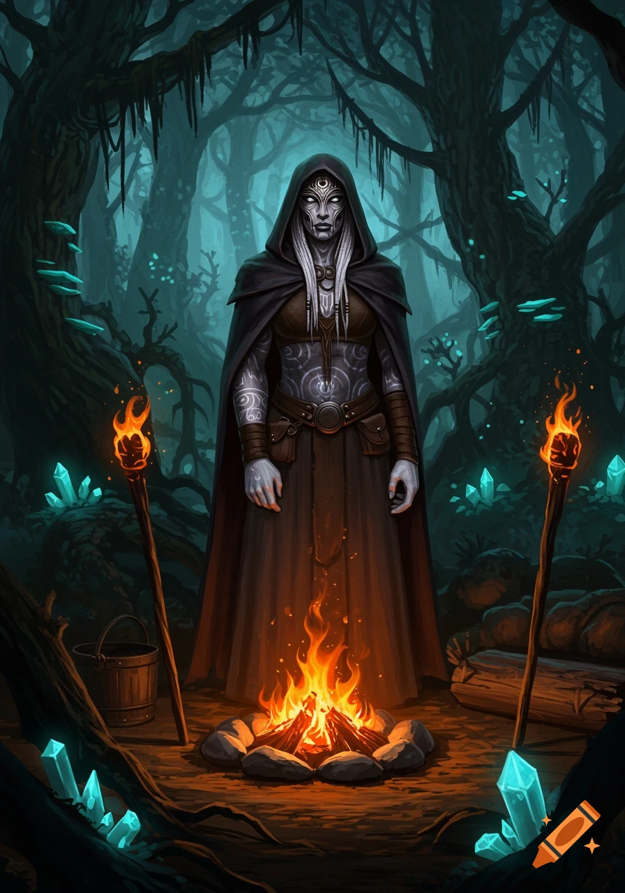 A pale-skinned hooded fantasy character with tribal markings stands by a campfire surrounded by glowing crystals in a dark forest.
