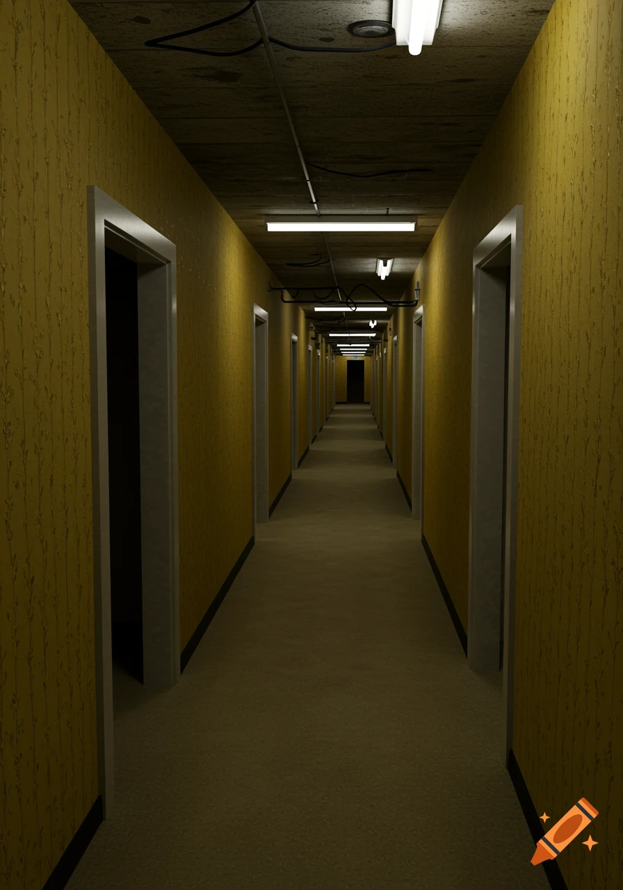 A long, unsettling corridor with textured yellow walls, multiple dark doorways, and bright fluorescent lights on the concrete ceiling.