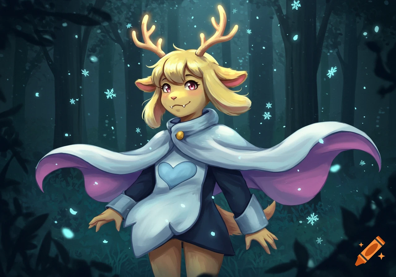 A digital painting of Noelle, a light-skinned humanoid deer with blonde hair and antlers, wearing a white and purple cape, standing in a snowy forest at night.