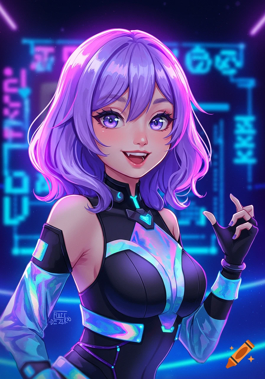 An anime-style character with purple hair and glowing purple eyes, wearing a black and holographic cyber-suit, smiles against a neon blue background.