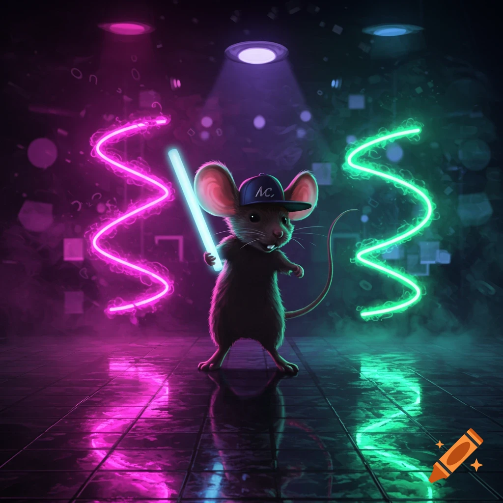 A cute mouse wearing a cap holds a blue glow stick in a vibrant, neon-lit club, with pink and green light trails.
