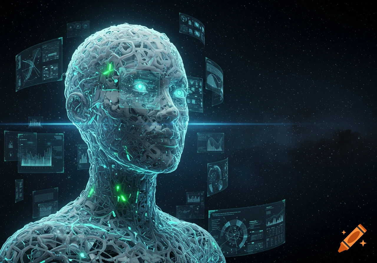 A futuristic AI head with glowing eyes and intricate structures, surrounded by floating holographic data screens against a starry dark background.