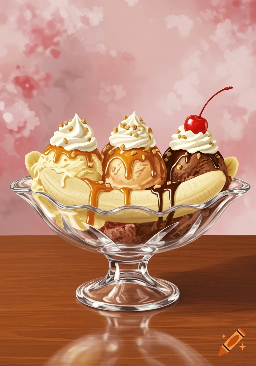 A banana split with vanilla, caramel, and chocolate ice cream, whipped cream, nuts, and a cherry in a glass dish on a wooden table.