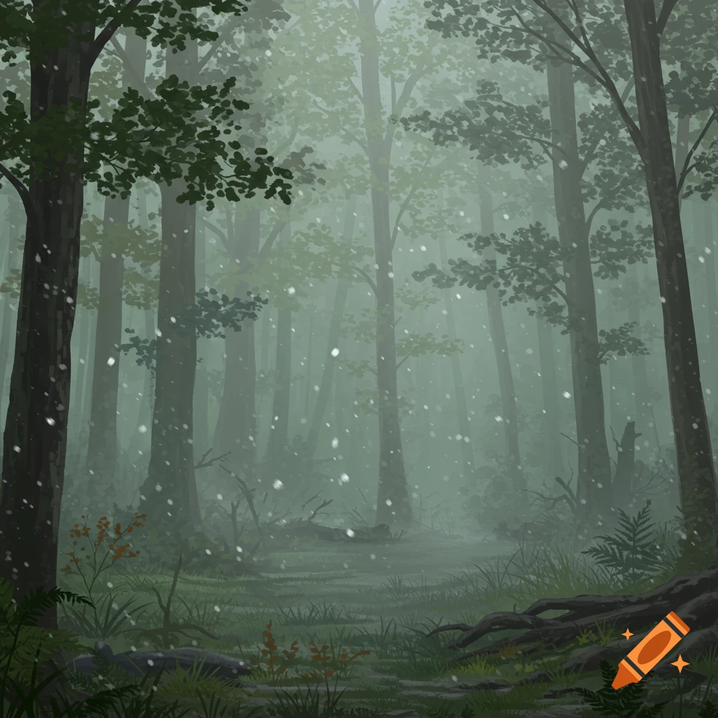 A digitally painted scene of a misty, snow-dusted forest with tall trees and a faint path.