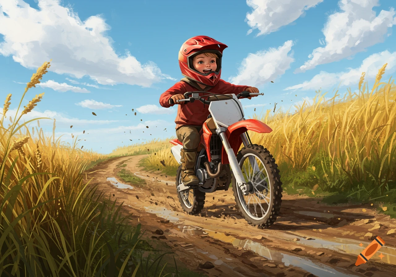 A happy child in a red helmet and jacket rides a red dirt bike on a muddy track through a golden field under a blue sky.