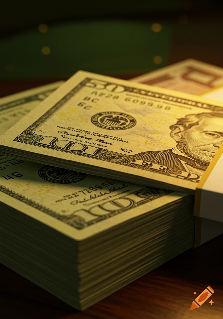Close-up of stacks of US dollar bills on a dark surface, showing a fifty and a hundred dollar bill.
