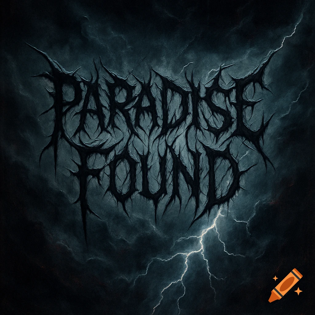 Stylized dark thorny text 'PARADISE FOUND' against a stormy dark blue sky with a lightning bolt.