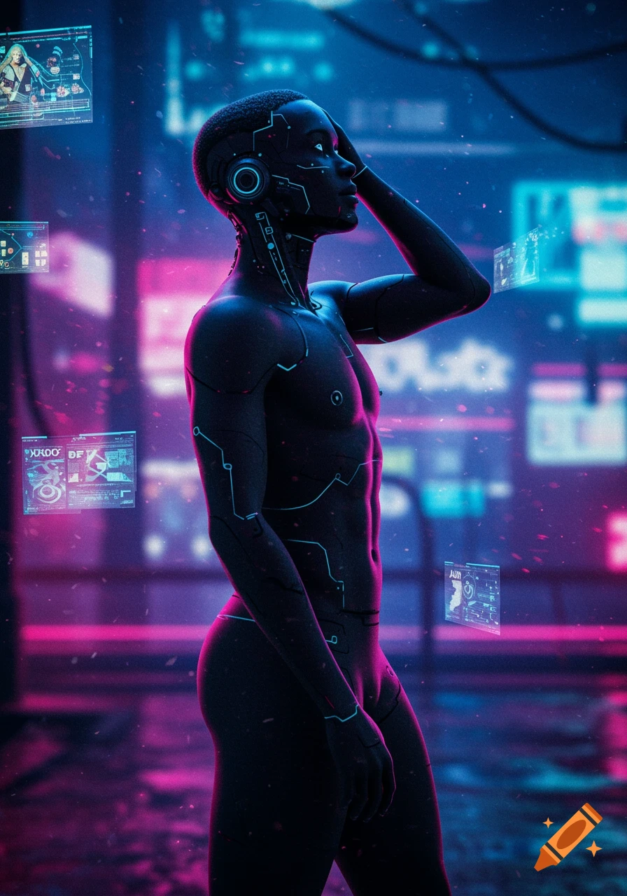 A dark-skinned robotic figure with glowing blue lines stands in a neon-lit cyberpunk city, surrounded by floating holographic screens.