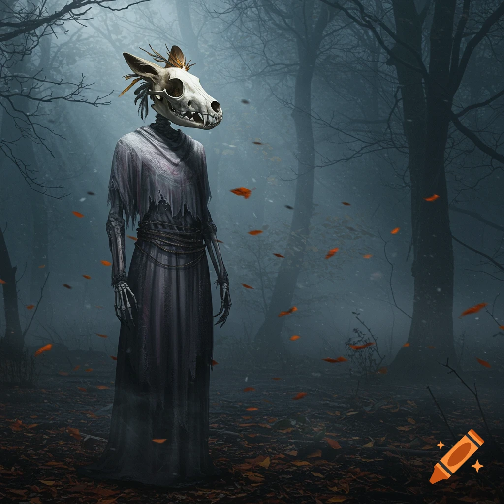A skeletal figure with a fox skull for a head wears a tattered robe in a misty, dark forest with fallen leaves. Photorealistic style.