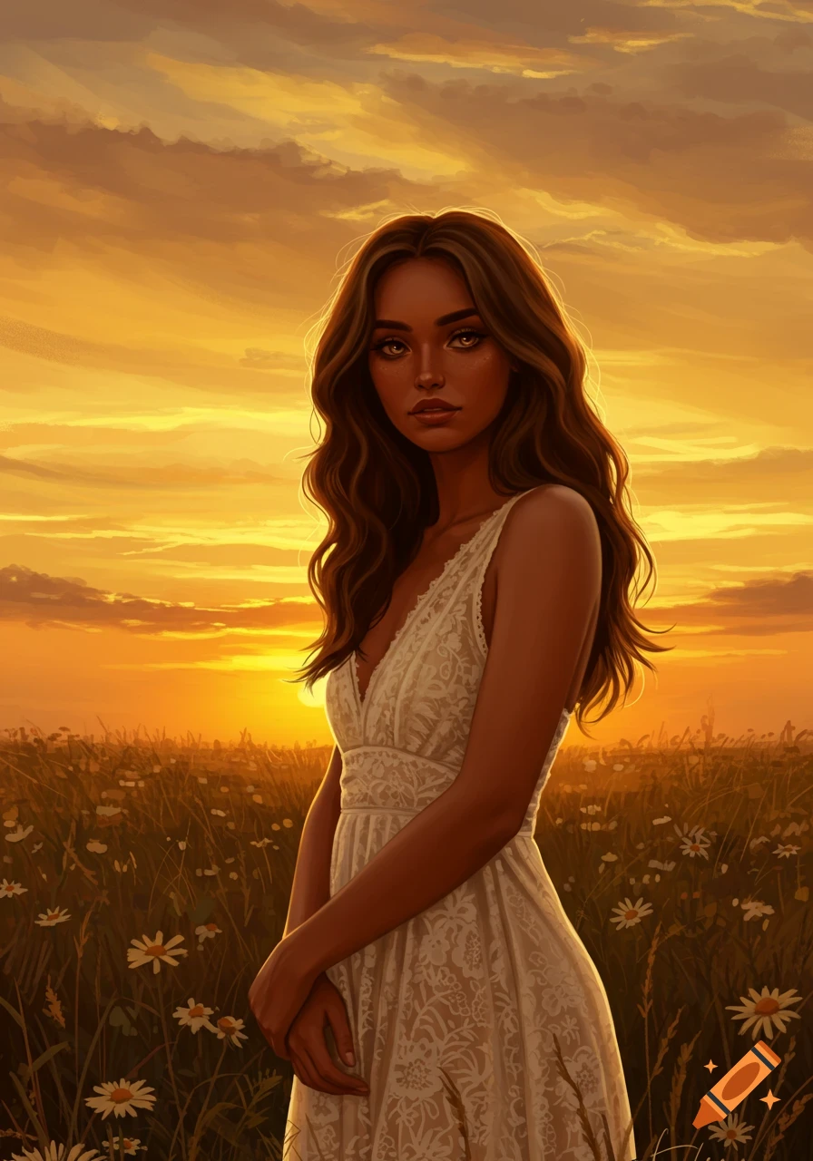 A beautiful woman with long brown hair in a white dress stands in a field of flowers at sunset, looking directly at the viewer. Digital art.