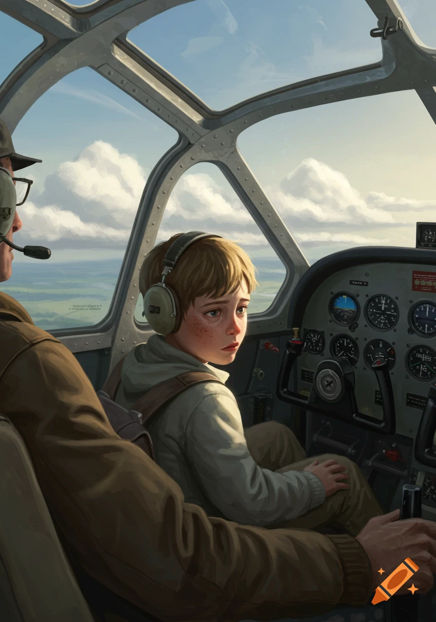 An illustration of a young boy with headphones sitting in an airplane cockpit next to a pilot, looking nervous.