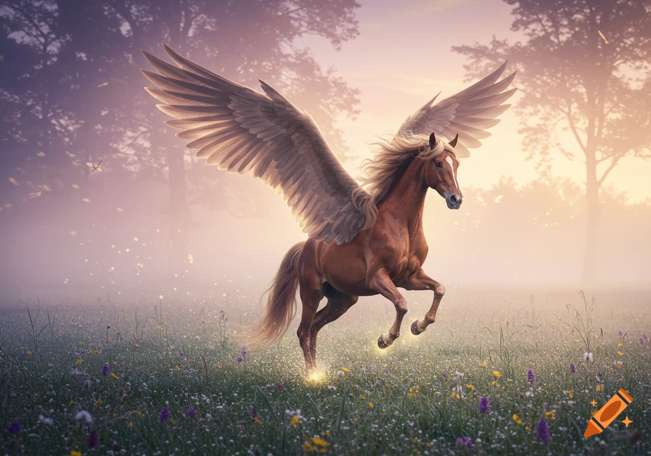 A majestic brown Pegasus with large wings stands in a misty, sunlit field filled with wildflowers.
