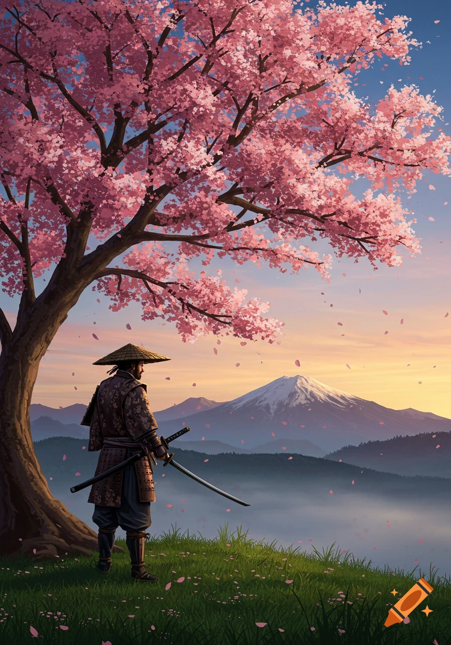 A samurai stands under a vibrant pink cherry blossom tree, looking at Mount Fuji in a serene landscape at sunset. Pink petals fall around him.