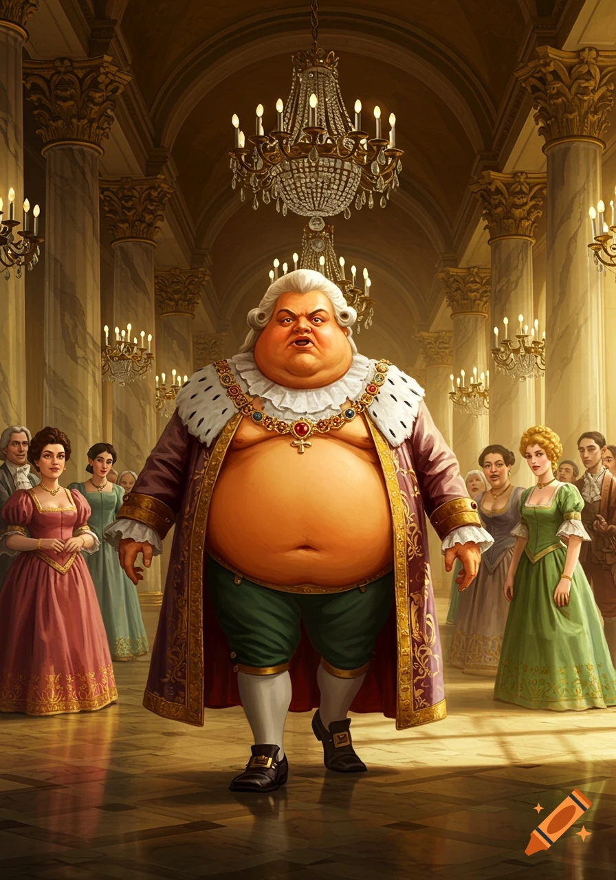 A very corpulent, imperious man in a regal robe with his belly exposed stands in a grand palace ballroom with courtiers.