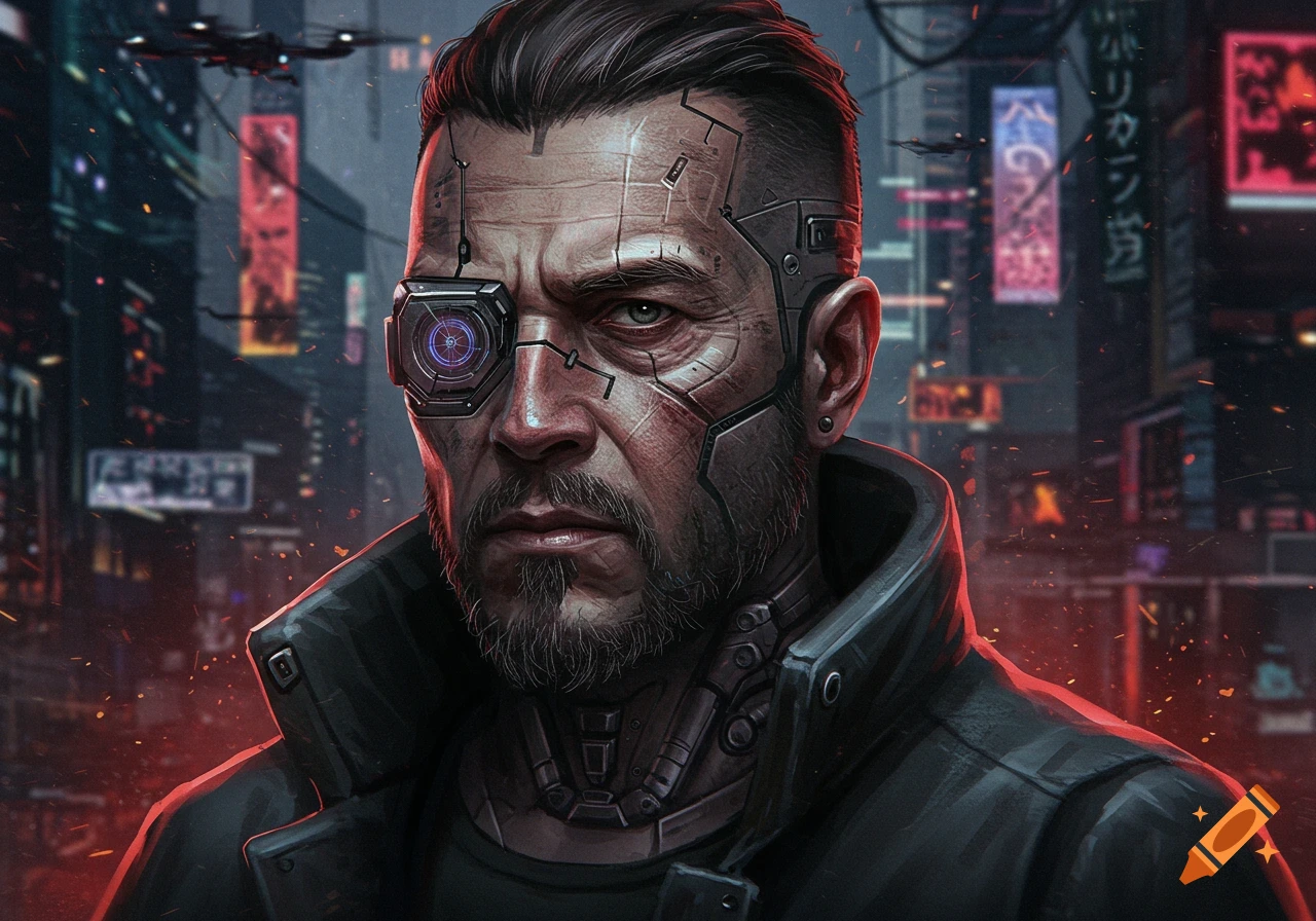 Close-up portrait of a stern man with a cybernetic eye implant in a dark, neon-lit cyberpunk city.