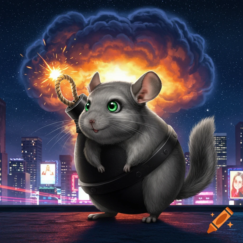 A cute, fluffy grey chinchilla with bright green eyes, whose body is a black cartoon bomb with a lit fuse, stands on a city rooftop with an orange explosion in the night sky behind it.
