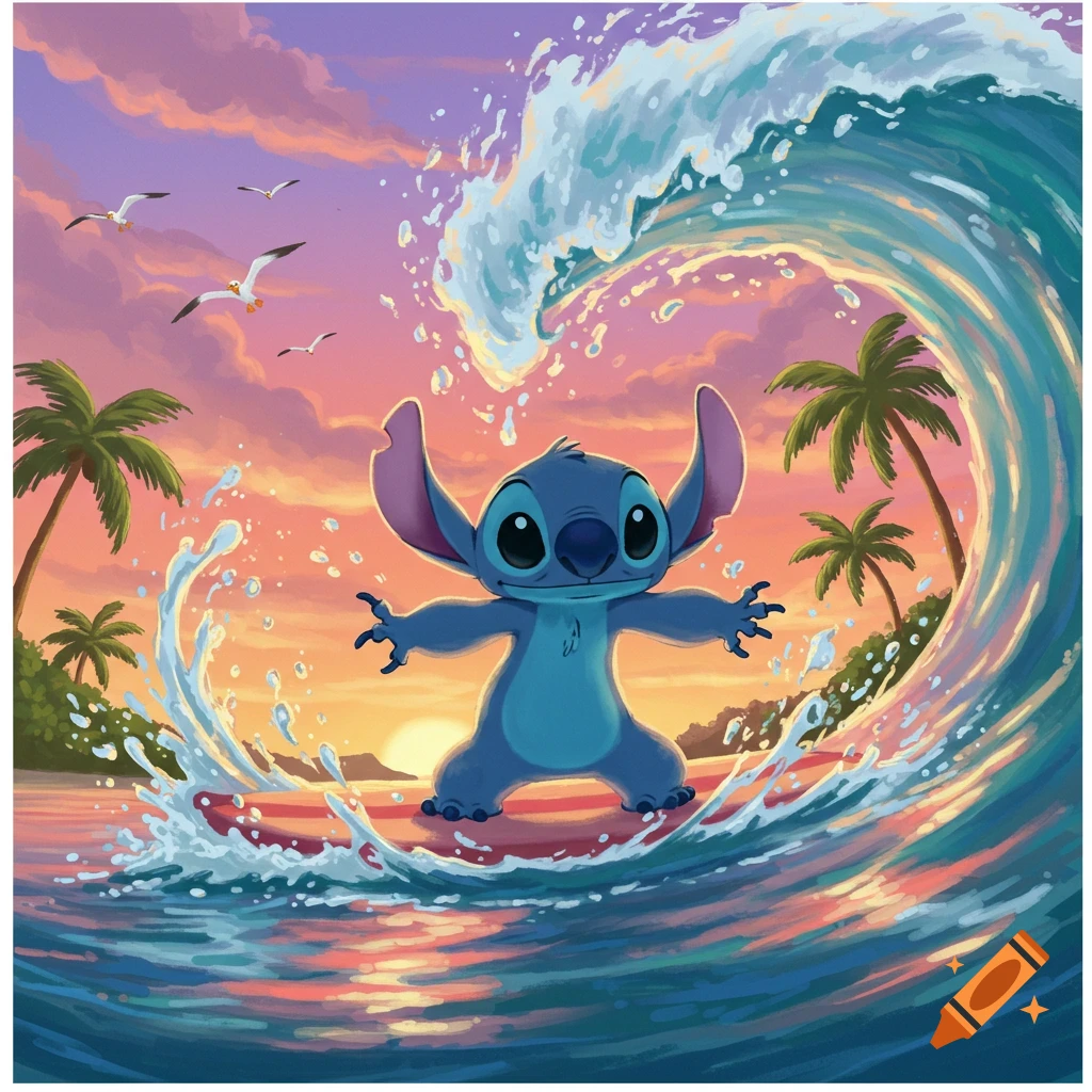 Stitch surfing on a large wave at sunset, with palm trees on an island and seagulls flying in the sky, in a vibrant cartoon style.