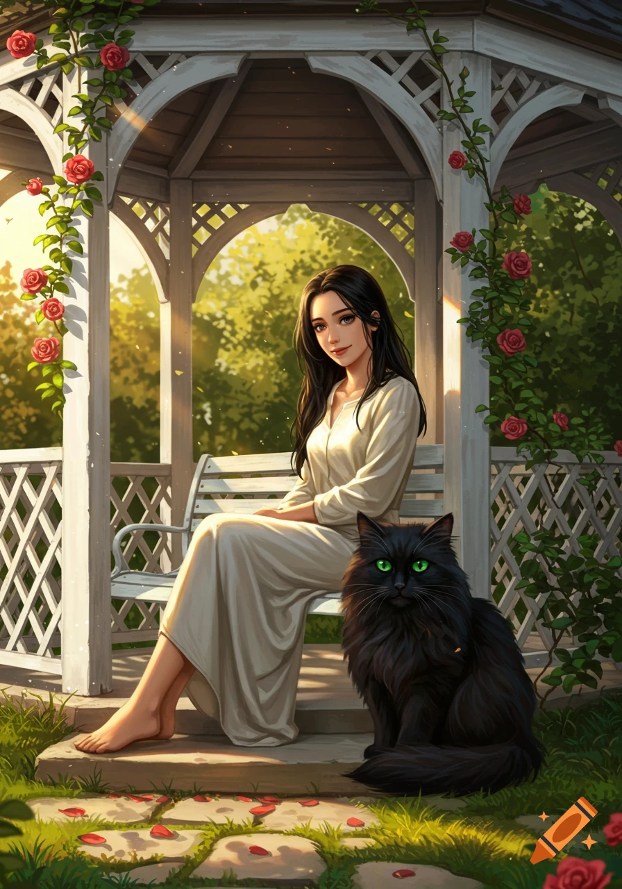 A stylized illustration of a woman with long black hair sitting in a white gazebo with a fluffy black cat, surrounded by roses and sunlight.