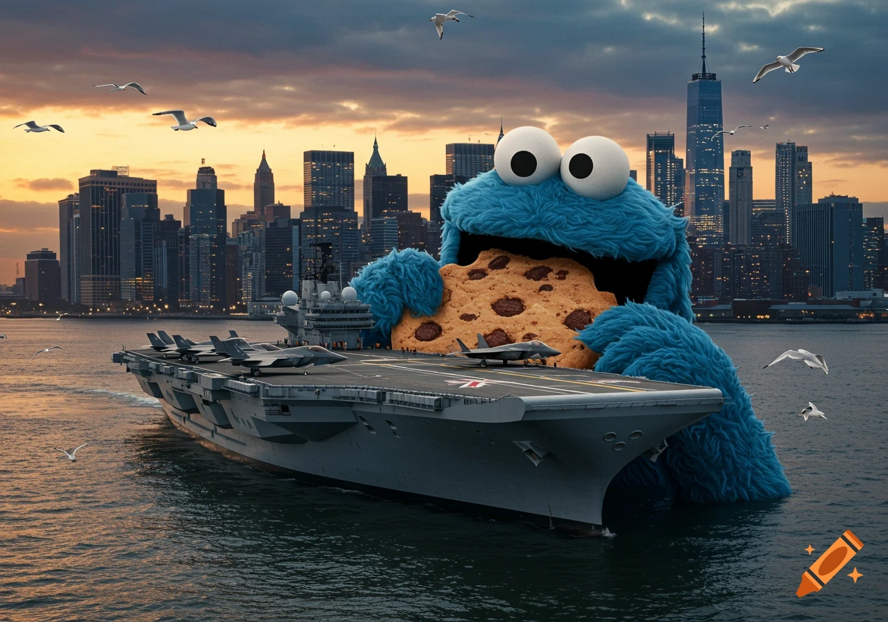 Giant Cookie Monster emerging from the water in New York Harbor, eating an aircraft carrier with F-35B jets on its deck, at sunset.