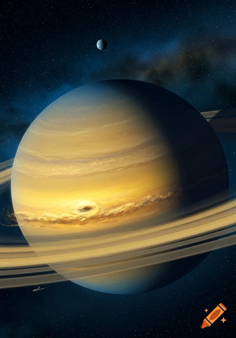 A vibrant illustration of the planet Saturn with its rings, a swirling storm on its surface, and a small moon against a starry blue backdrop.