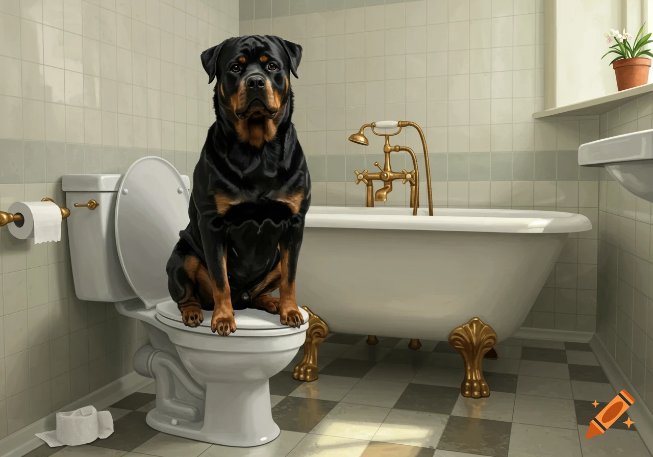 A large black and tan Rottweiler dog sits upright on a white toilet in a brightly lit bathroom.