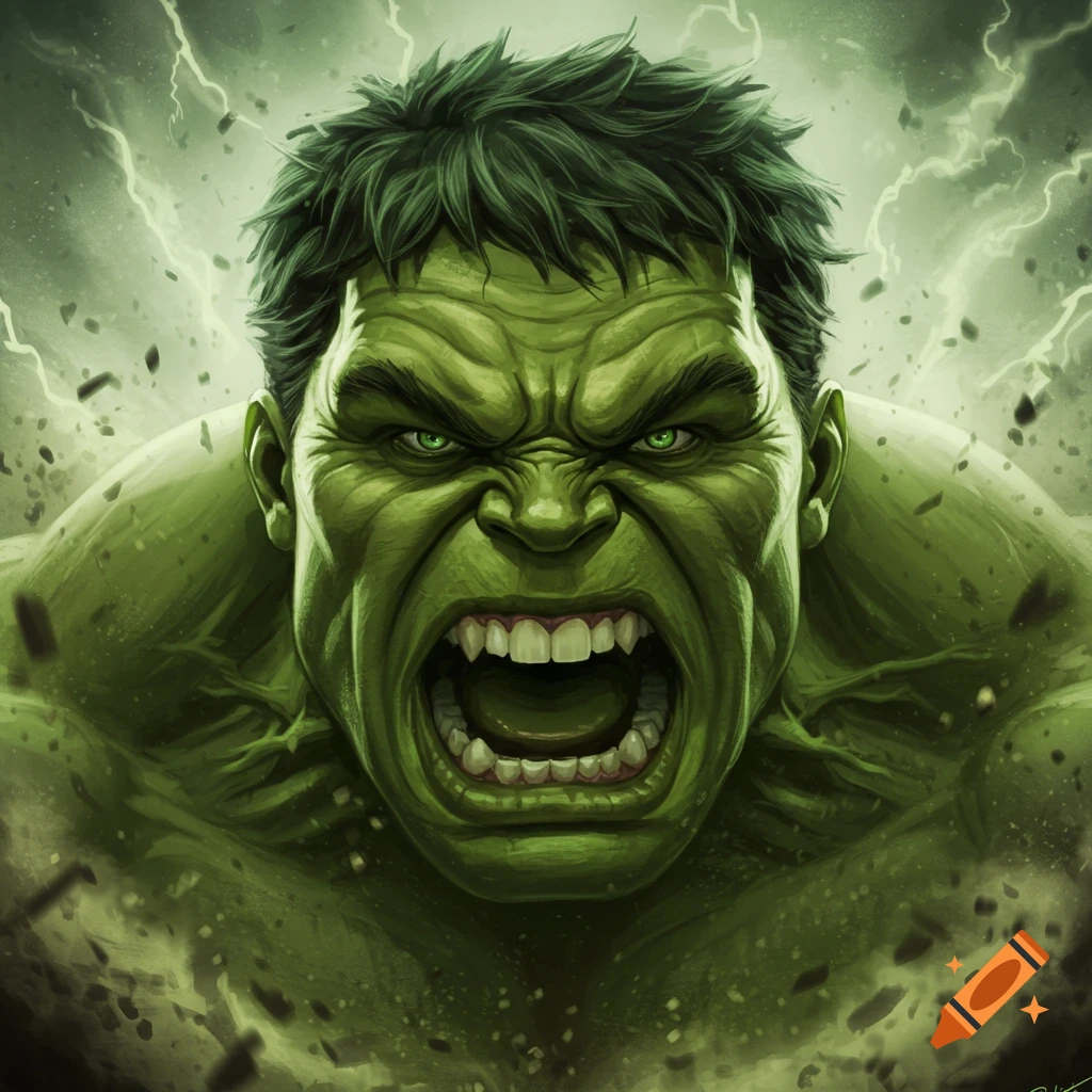 Close-up of a roaring Hulk with glowing green eyes and dark green hair, showing intense anger amidst a stormy, energetic background with lightning.