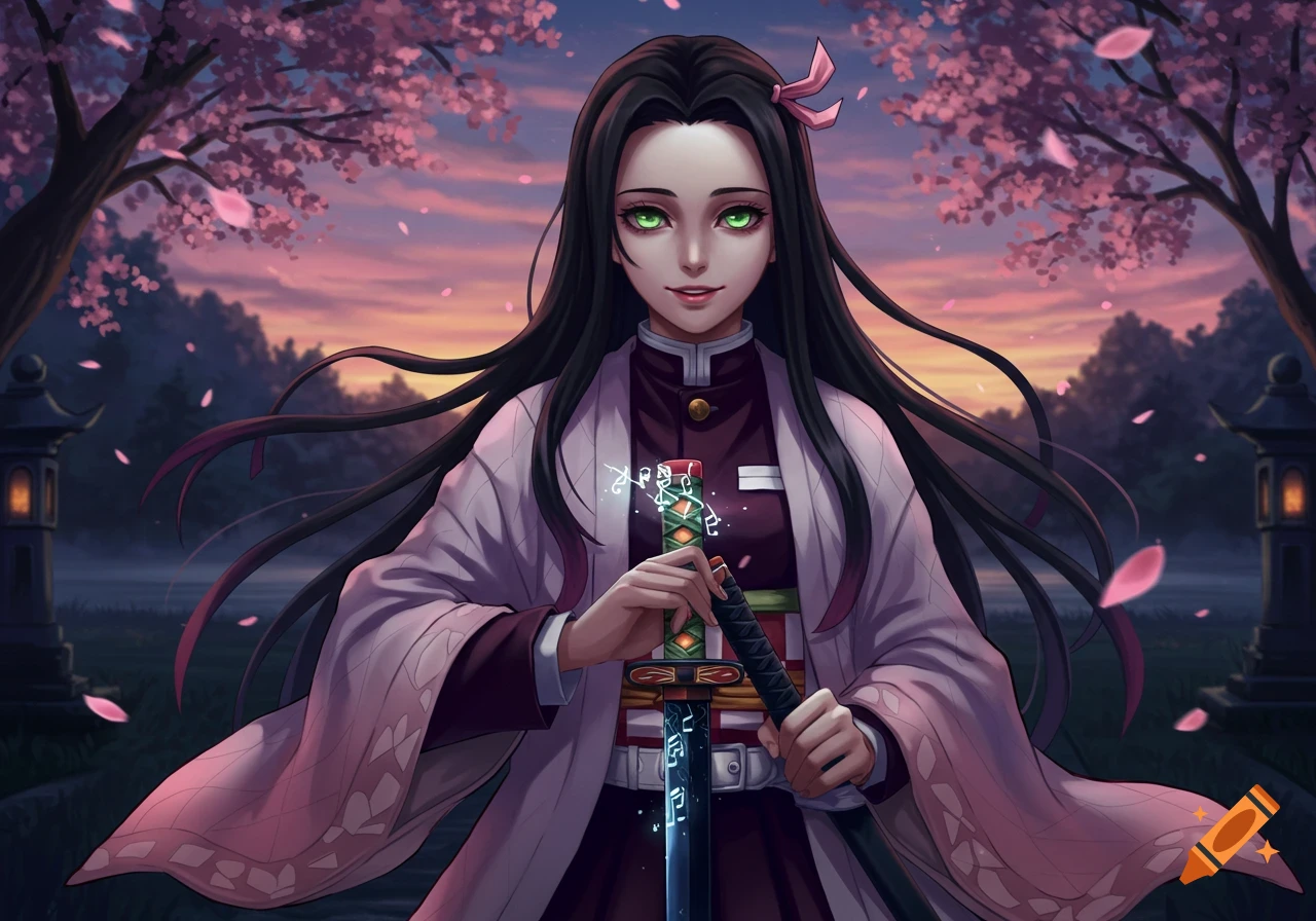 Anime girl with long dark hair and green eyes, wearing a pink haori, holds a sword under cherry blossom trees at sunset.