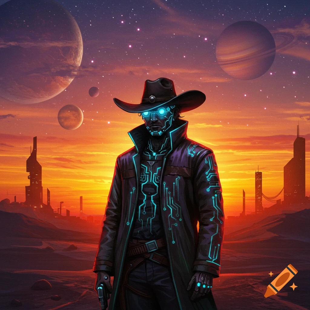 A cyberpunk cowboy with glowing blue circuits on his face and coat stands in a desert landscape under a sunset sky with multiple planets visible.