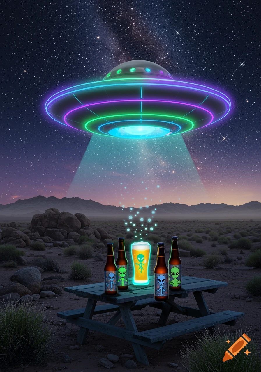 A neon UFO beams light onto a picnic table with beer bottles and a glowing alien beer in a desert under a starry night sky.