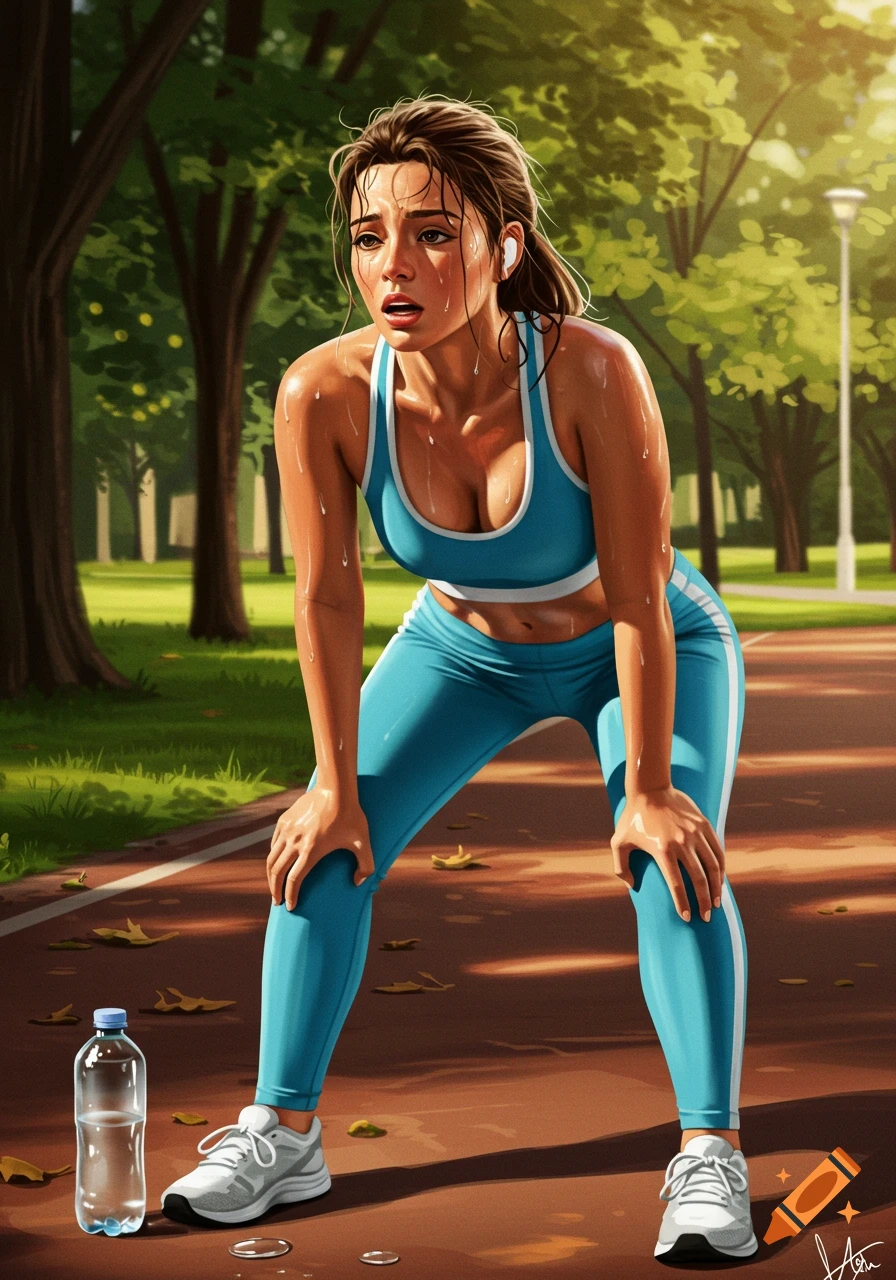 A woman in blue athletic wear, exhausted and sweaty, leans on her knees on a running track in a park, digital art.