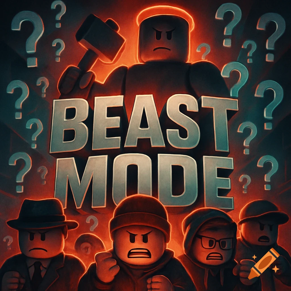 Angry Roblox-like characters and a large figure with a hammer under text 'BEAST MODE' amidst question marks, in an intense, red-lit scene.