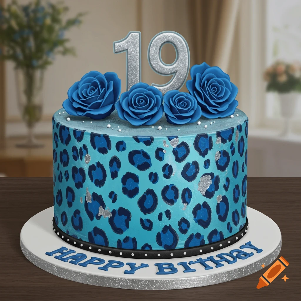A blue and silver leopard print birthday cake with blue roses, the number 19, and 'Happy Birthday' text on the base.