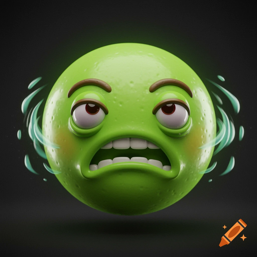 A bright green, round 3D emoji with a disgusted, sick expression, wide eyes, and an open mouth, surrounded by faint green wisps.