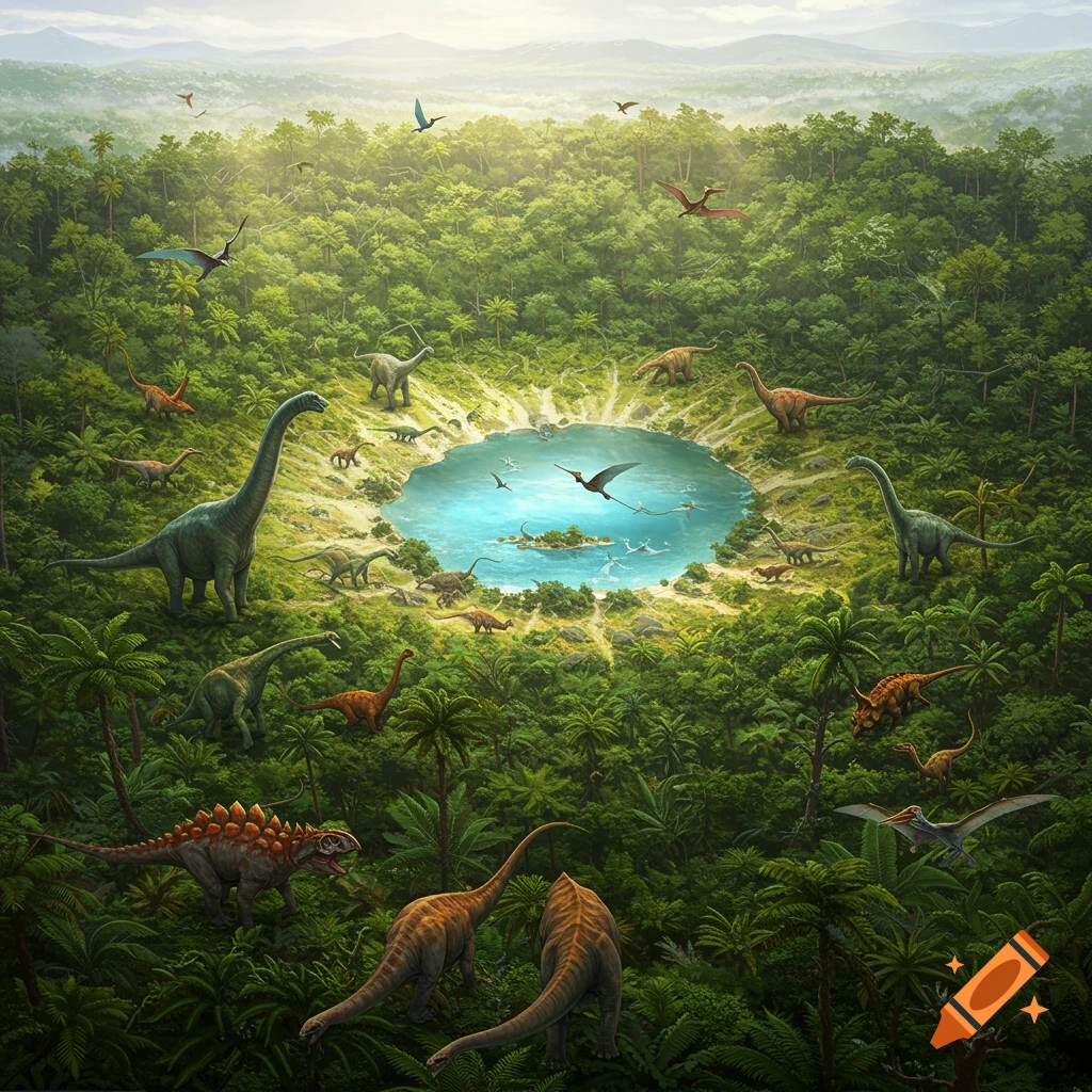 Aerial view of a lush prehistoric forest teeming with various dinosaurs surrounding a large, serene caldera lake.